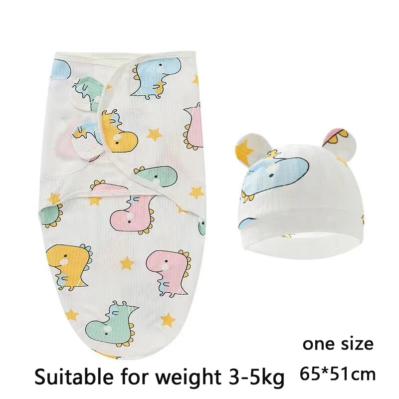 Cozy Cartoon Baby Blanket & Hat Set - Adjustable Cotton Swaddle for Newborns (0-6 Months) - Perfect Year-Round Comfort!