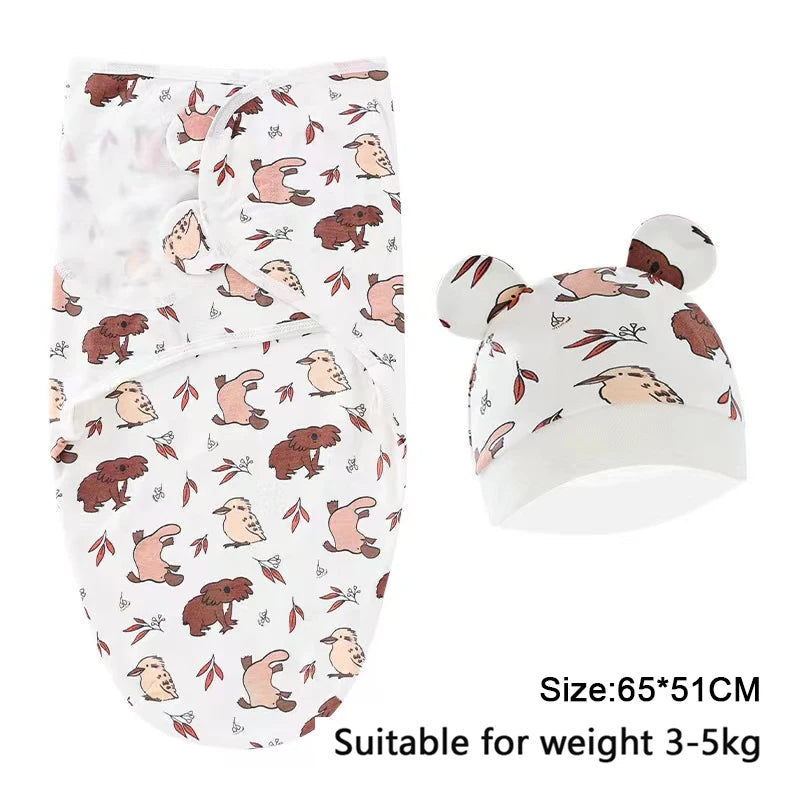 Cozy Cartoon Baby Blanket & Hat Set - Adjustable Cotton Swaddle for Newborns (0-6 Months) - Perfect Year-Round Comfort!