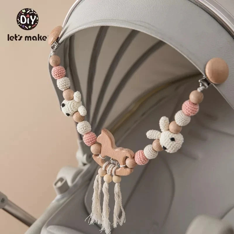 Wooden Teether Baby Rattle Toy - Cute Bird & Elephant Shapes with Crochet Beads & Pram Clip