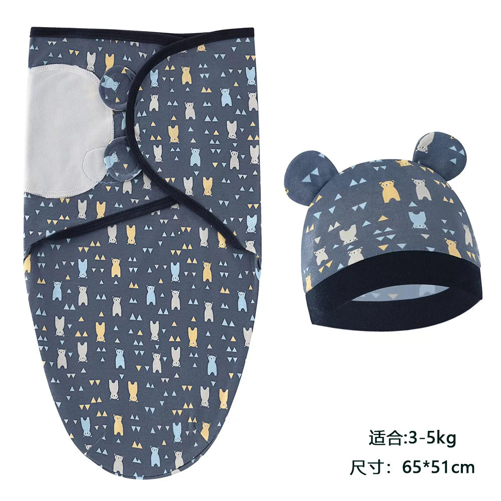 Cozy Cartoon Baby Blanket & Hat Set - Adjustable Cotton Swaddle for Newborns (0-6 Months) - Perfect Year-Round Comfort!