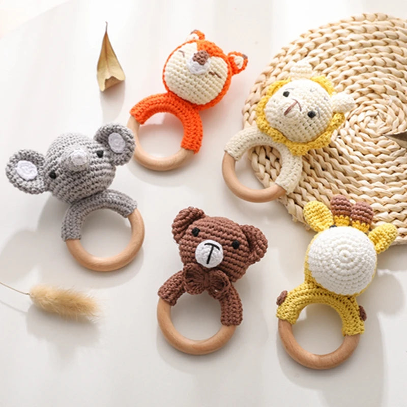 Adorable BPA-Free Wooden Crochet Animal Rattle Teether - Perfect Newborn Gift!