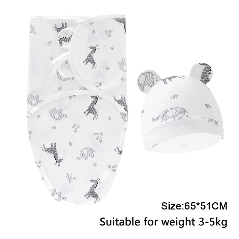 Cozy Cartoon Baby Blanket & Hat Set - Adjustable Cotton Swaddle for Newborns (0-6 Months) - Perfect Year-Round Comfort!