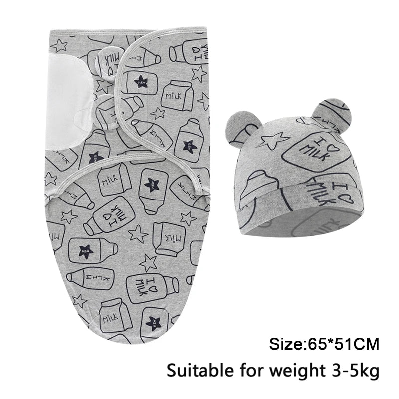 Cozy Cartoon Baby Blanket & Hat Set - Adjustable Cotton Swaddle for Newborns (0-6 Months) - Perfect Year-Round Comfort!