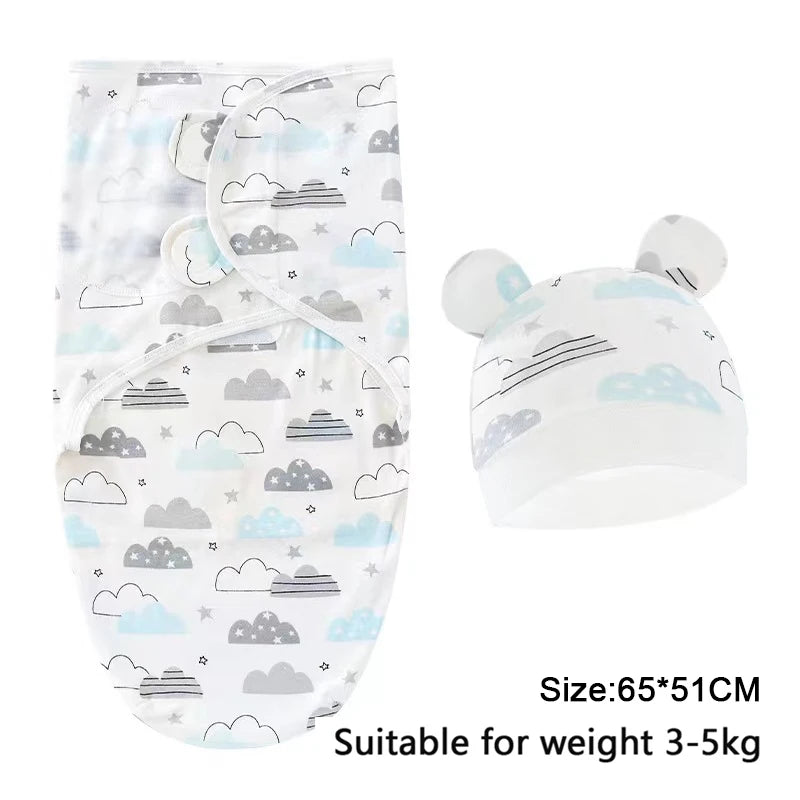 Cozy Cartoon Baby Blanket & Hat Set - Adjustable Cotton Swaddle for Newborns (0-6 Months) - Perfect Year-Round Comfort!