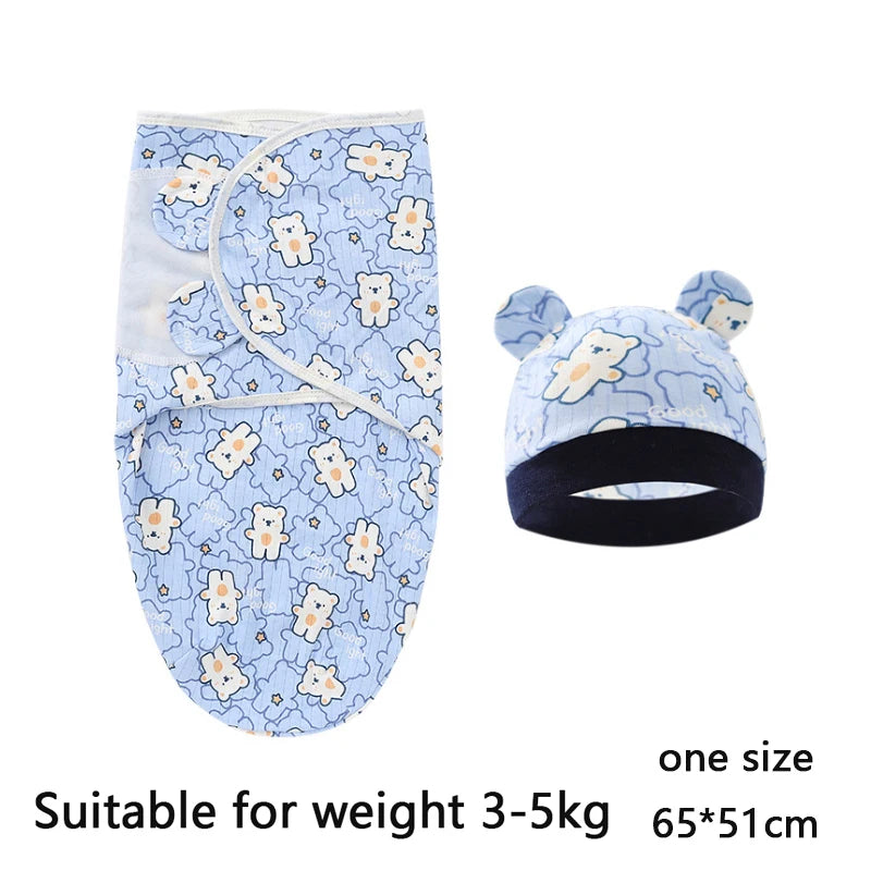 Cozy Cartoon Baby Blanket & Hat Set - Adjustable Cotton Swaddle for Newborns (0-6 Months) - Perfect Year-Round Comfort!