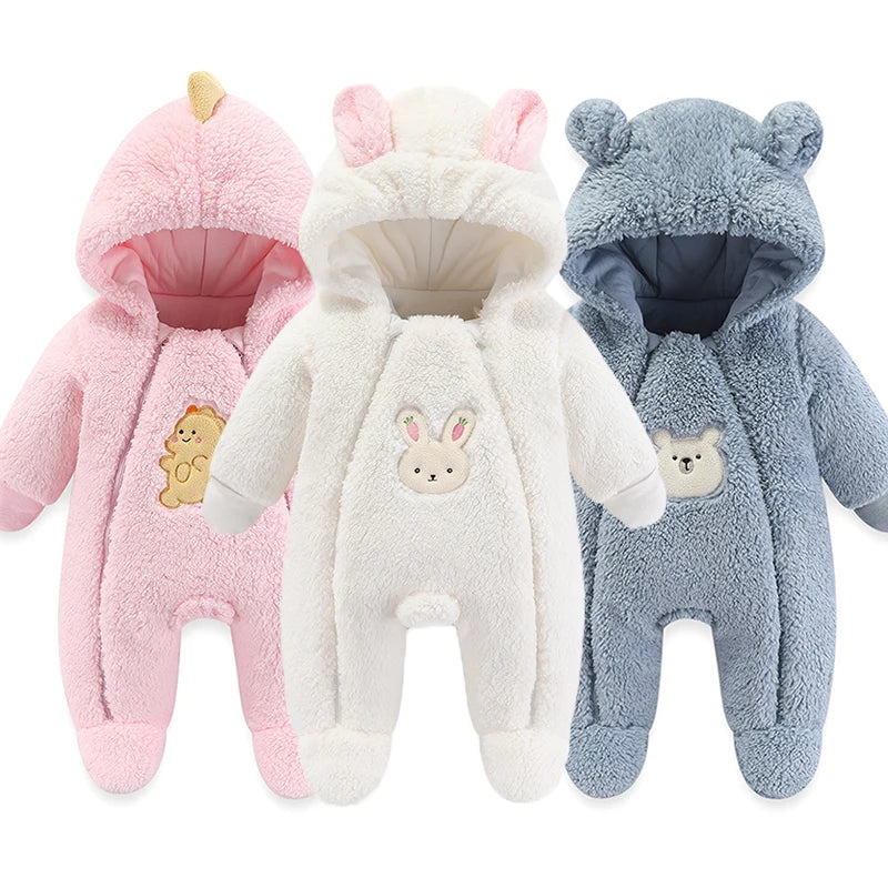 Cozy Cartoon Hooded Winter Jacket for Newborns - Soft Cotton Romper for Boys & Girls (0-12 Months)