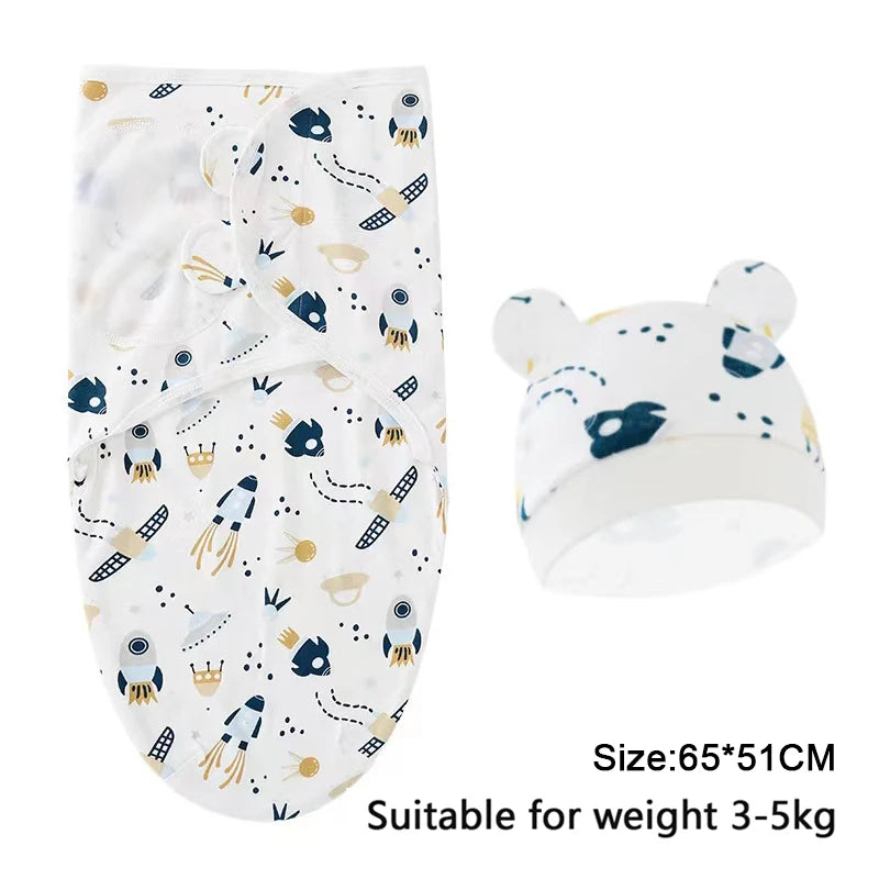 Cozy Cartoon Baby Blanket & Hat Set - Adjustable Cotton Swaddle for Newborns (0-6 Months) - Perfect Year-Round Comfort!