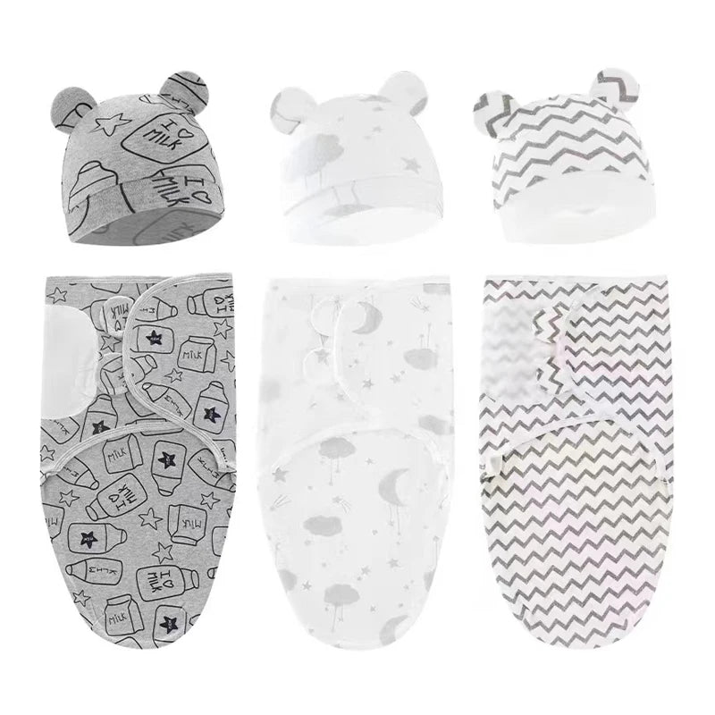 Cozy Cartoon Baby Blanket & Hat Set - Adjustable Cotton Swaddle for Newborns (0-6 Months) - Perfect Year-Round Comfort!