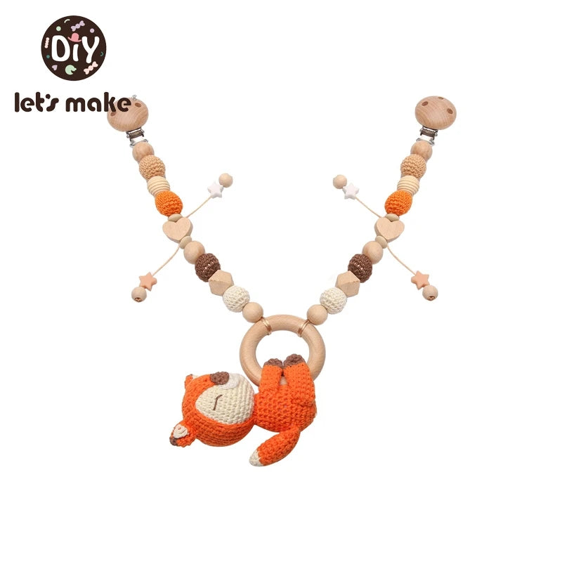 Wooden Teether Baby Rattle Toy - Cute Bird & Elephant Shapes with Crochet Beads & Pram Clip