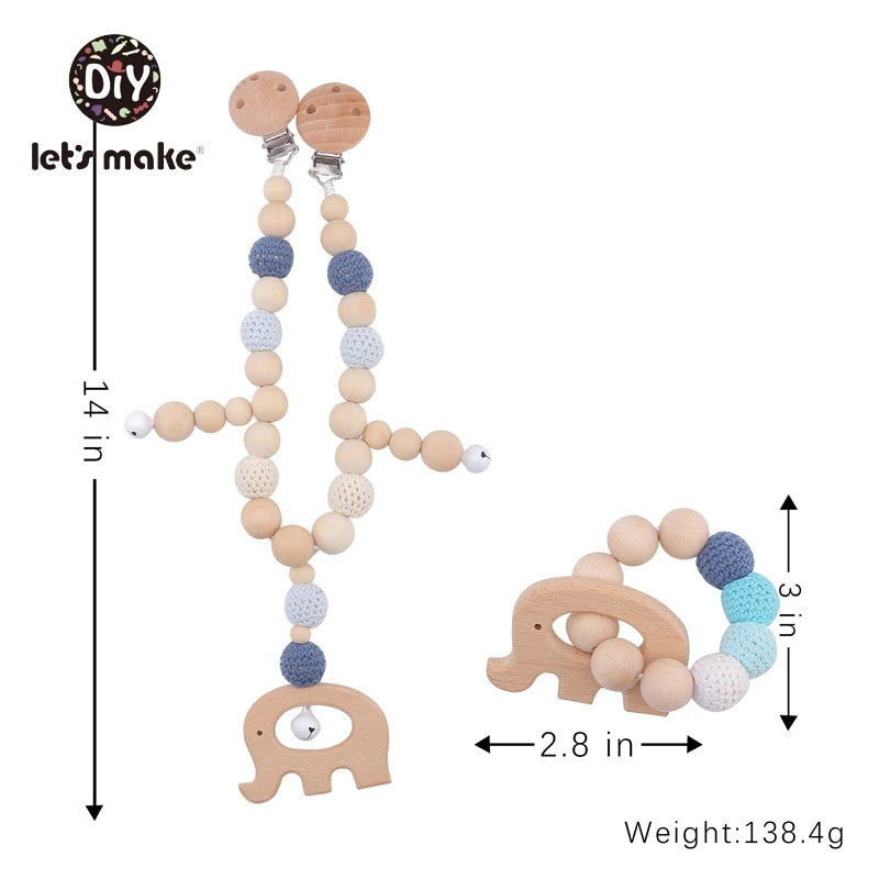 Wooden Teether Baby Rattle Toy - Cute Bird & Elephant Shapes with Crochet Beads & Pram Clip