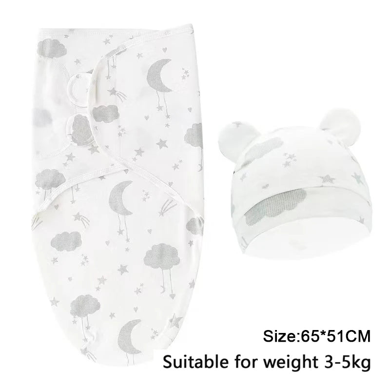 Cozy Cartoon Baby Blanket & Hat Set - Adjustable Cotton Swaddle for Newborns (0-6 Months) - Perfect Year-Round Comfort!