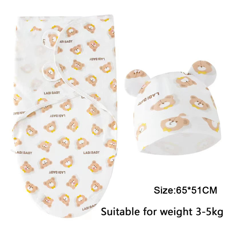 Cozy Cartoon Baby Blanket & Hat Set - Adjustable Cotton Swaddle for Newborns (0-6 Months) - Perfect Year-Round Comfort!