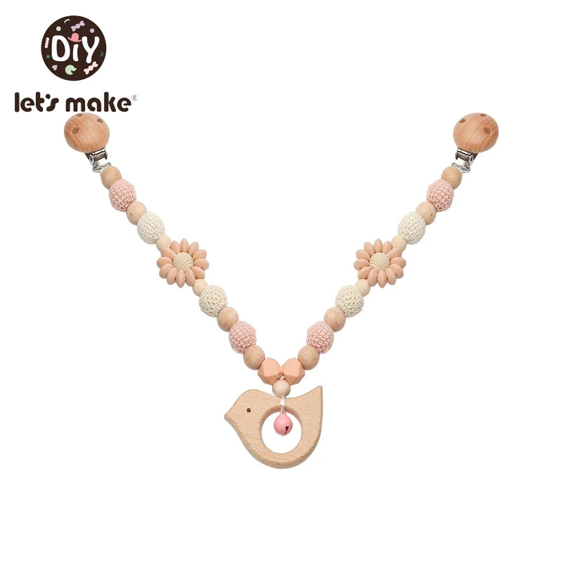 Wooden Teether Baby Rattle Toy - Cute Bird & Elephant Shapes with Crochet Beads & Pram Clip