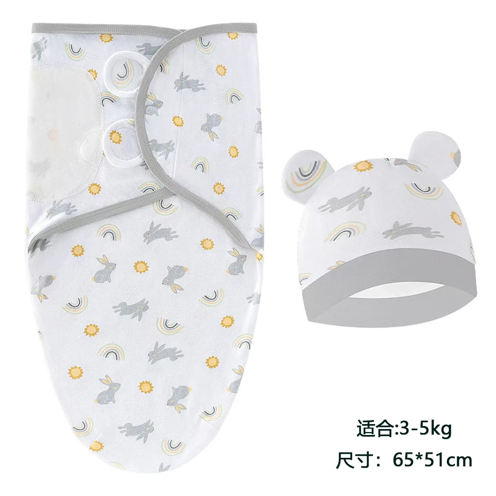 Cozy Cartoon Baby Blanket & Hat Set - Adjustable Cotton Swaddle for Newborns (0-6 Months) - Perfect Year-Round Comfort!