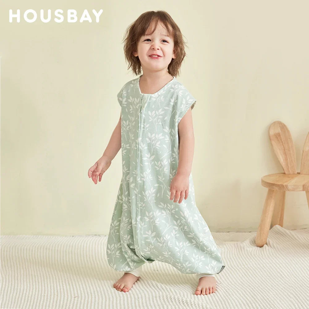 Cozy Kids Summer Sleeping Bag - Breathable 100% Cotton Jumpsuit with Fresh Grass Print for Ages 1-6