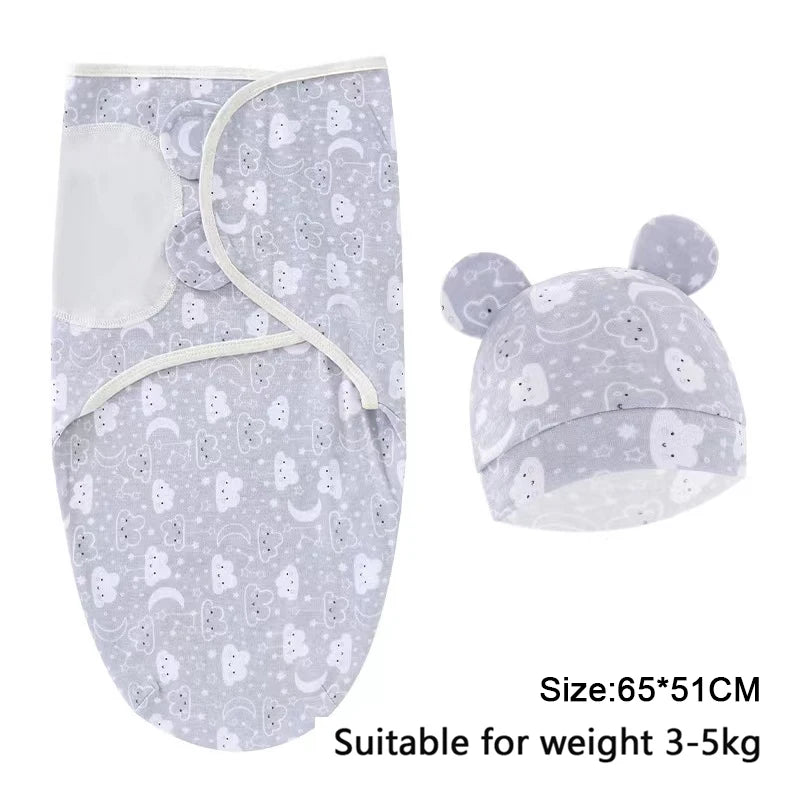 Cozy Cartoon Baby Blanket & Hat Set - Adjustable Cotton Swaddle for Newborns (0-6 Months) - Perfect Year-Round Comfort!