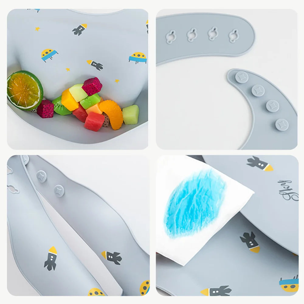 Mess-Free Mealtime Made Fun: Adjustable Soft Silicone Waterproof Bibs with Adorable Cartoon Prints for Kids
