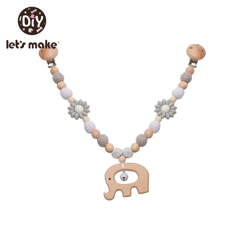 Wooden Teether Baby Rattle Toy - Cute Bird & Elephant Shapes with Crochet Beads & Pram Clip