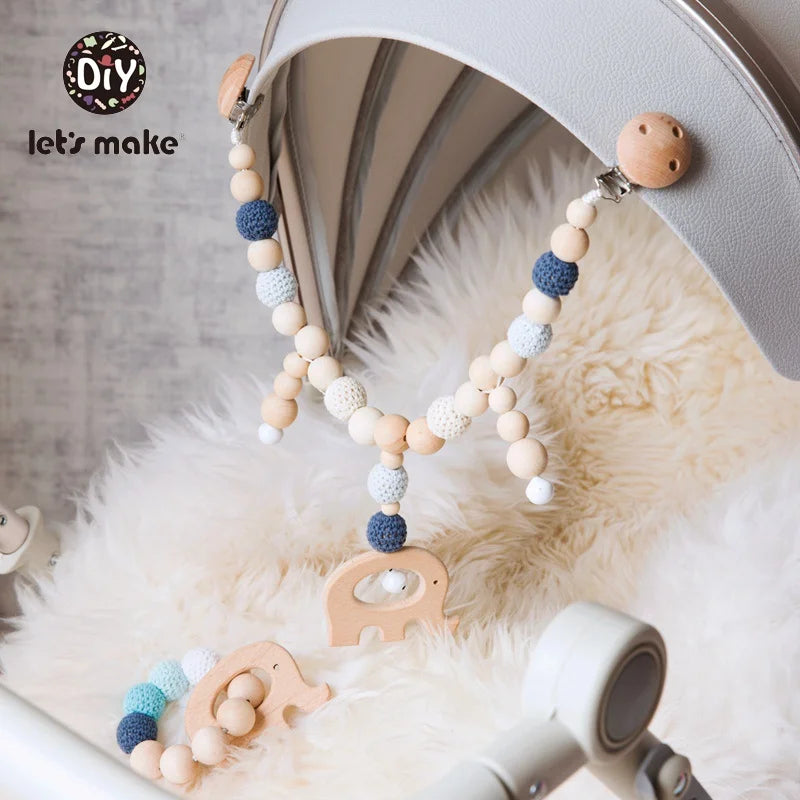 Wooden Teether Baby Rattle Toy - Cute Bird & Elephant Shapes with Crochet Beads & Pram Clip