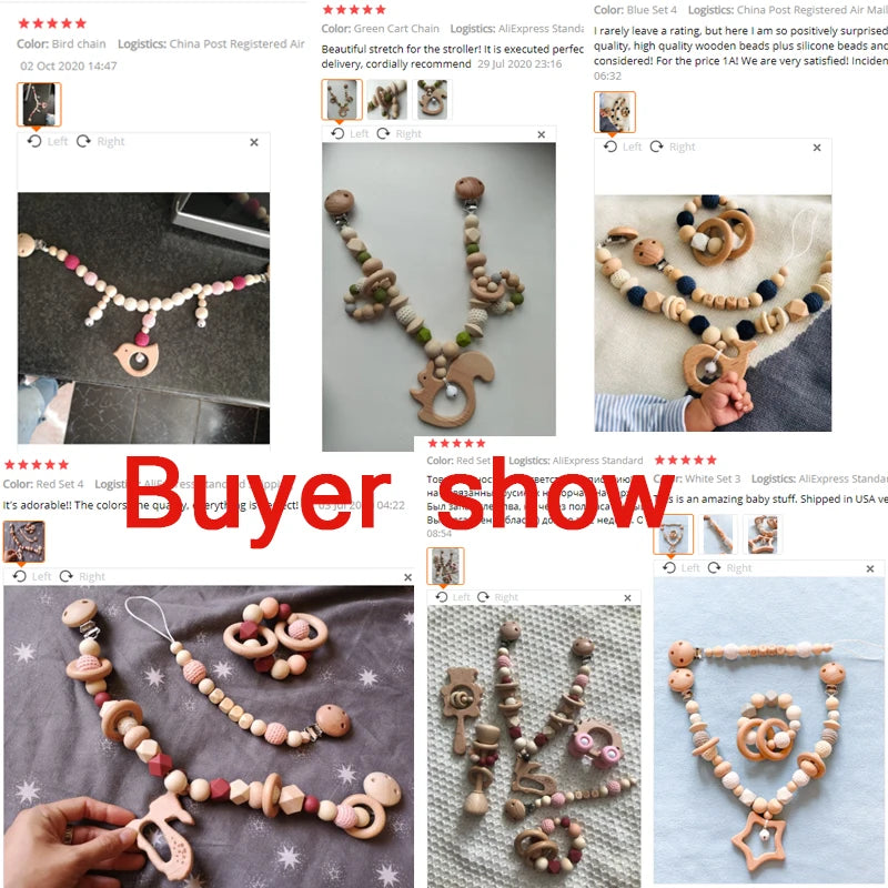 Wooden Teether Baby Rattle Toy - Cute Bird & Elephant Shapes with Crochet Beads & Pram Clip