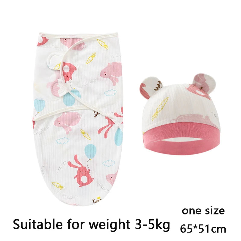 Cozy Cartoon Baby Blanket & Hat Set - Adjustable Cotton Swaddle for Newborns (0-6 Months) - Perfect Year-Round Comfort!