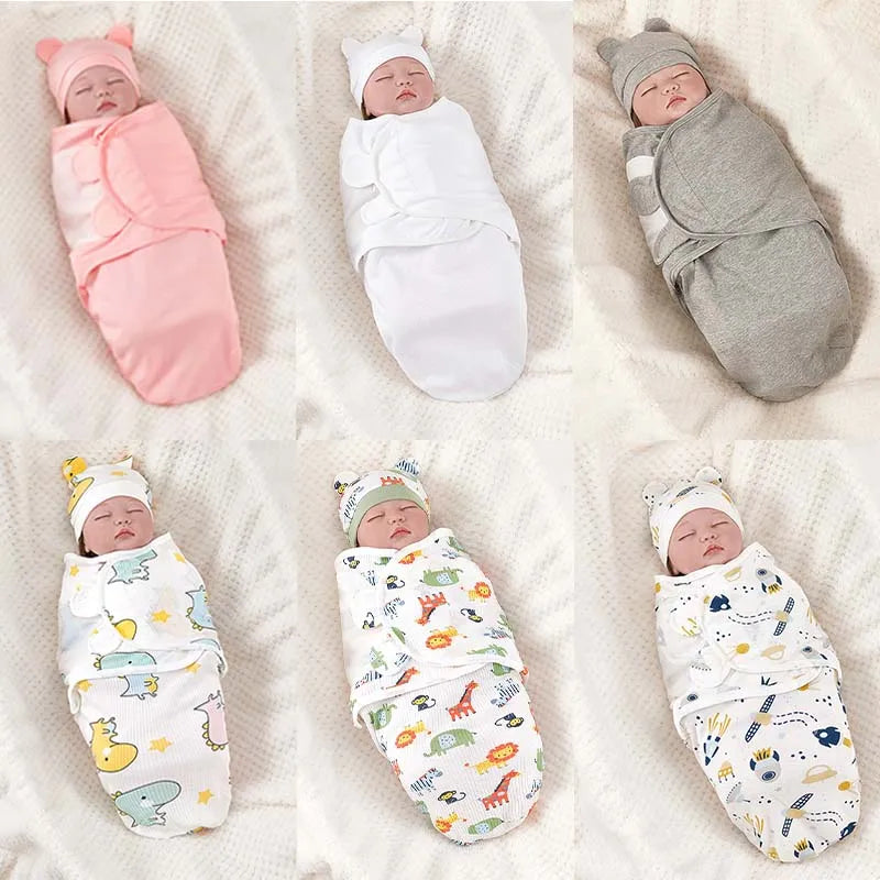 Cozy Cartoon Baby Blanket & Hat Set - Adjustable Cotton Swaddle for Newborns (0-6 Months) - Perfect Year-Round Comfort!