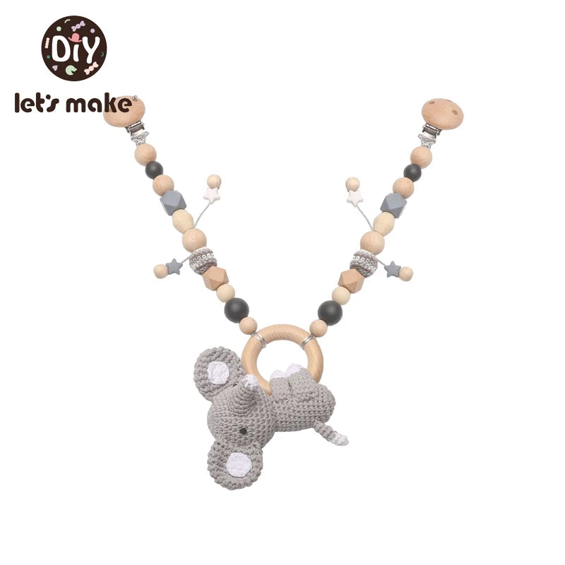 Wooden Teether Baby Rattle Toy - Cute Bird & Elephant Shapes with Crochet Beads & Pram Clip